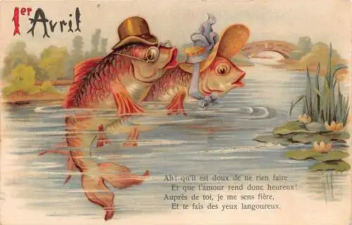 L078 Narrentag 1. April Paar Fische vermenschlichte Fantasie Postkarte