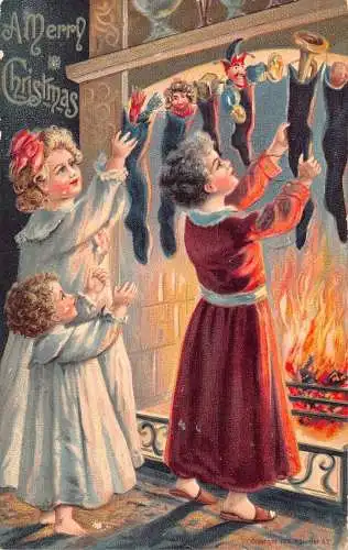 L221 Weihnachtsgrüße 1907 Socken voll mit Geschenken Spielzeug geprägte Postkarte