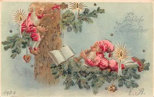 L221 Weihnachtsgrüße 1904 Zwerge spielen Geigetrompete Prägepostkarte
