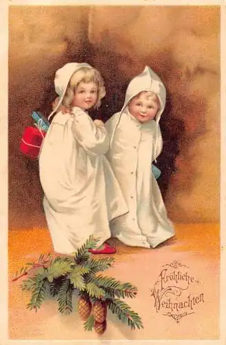 L221 Weihnachtsgrüße Kinder Mädchen Baum Geschenke Prägung Postkarte