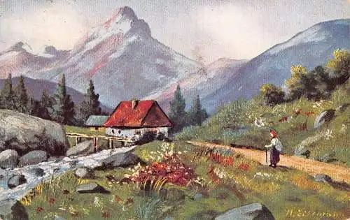 Landschaft 1930 Ferienhaus in Bergen in der Nähe von Wald und Fluss Bergsteiger Postkarte