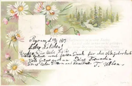 Frühlingsgrüße 1903 Gänseblümchen Blumen Wald Landschaft Gedicht Vintage Postkarte