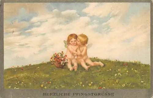 Pfingstgrüße Cherubs küssen auf Wange Blumen Korb Vintage Postkarte