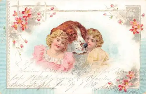 Niedliche kleine Mädchen in der Nähe von Big Dog Blossom Branch Trees Litho 1901 Vintage Postkarte
