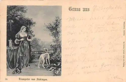 Gruss aus, Trompeter von Sackingen Trompete Lady Dog 1898 Vintage Postkarte
