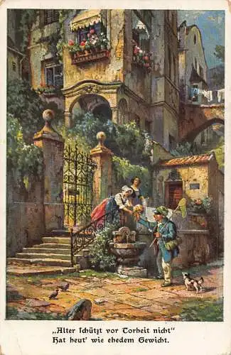 Kunst signiert J Frank alter Mann bietet Blumen an Damen Hund Vintage Postkarte