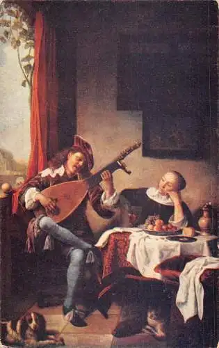Kunst signiert M Sorgh The Mandolin Spieler Paar Hund Früchte Vintage Postkarte