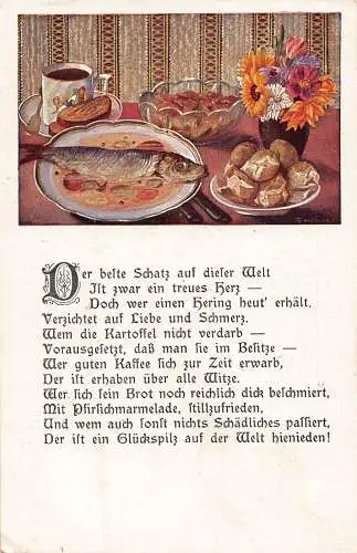 Essen Gedicht Stillleben Fisch in Suppe Blumen Vase Kaffee und Brötchen Vintage Postkarte
