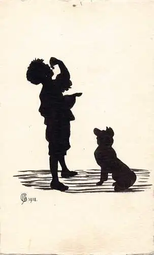 Silhouette Kleiner Junge isst Kirschen vor Hund 1918 Vintage Postkarte