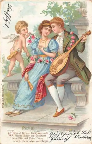 Liebe 1903 Paar umgeben von Rosen Mandoline Cherub Litho Postkarte