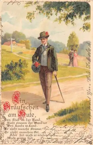 Das einsame Reisende Männer Stock Stock Hut Paar hinter Vintage Postkarte