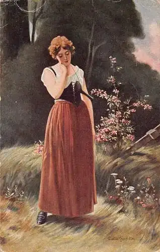 Frühlingsmädchen posiert im Feld Blumen Kunst signiert G Schroedfer 1925 Postkarte