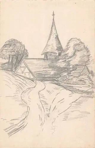Echte Zeichnung Kirche Landschaft Straße Vintage Postkarte
