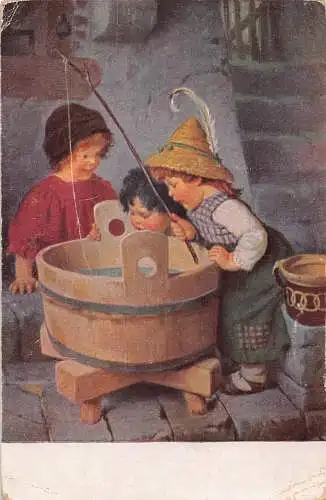 Kunst signierte H Kaulbach Kinder auf der Suche nach Fischen im Wassereimer Postkarte