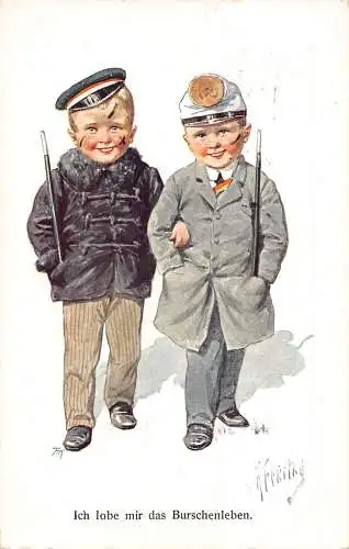 Patriotische Postkarte 1914 gezeichnete Jungen lächelnd Militär Hüte Bruschenleben