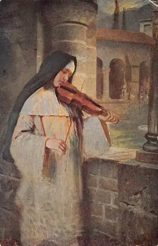 Zisterzienserin Nonne spielt Violine in Abbey Art Vintage Postkarte