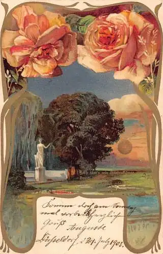 Landschaft 1903 Rosen Statue Sonnenuntergang Garten Vintage Postkarte