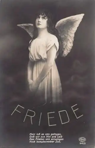 Frieden Fotomontage süßes Engelmädchen im weißen Kleid Flügel Postkarte
