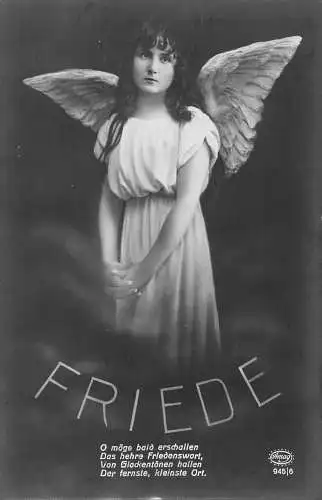 Frieden Fotomontage süßes Engelmädchen im weißen Kleid Flügel Vintage Postkarte