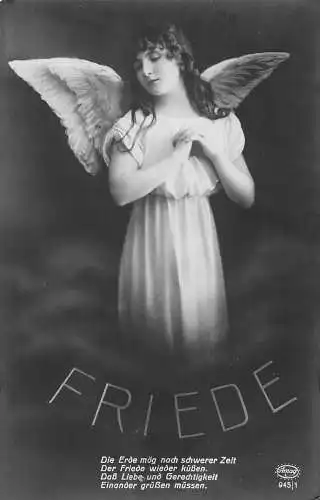 Frieden Foto Montage Engel Mädchen schaut weg posiert Gedicht Vintage Postkarte