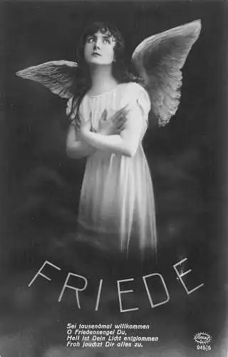 Frieden Foto Montage Engel Mädchen schaut weg Gedicht Vintage Postkarte