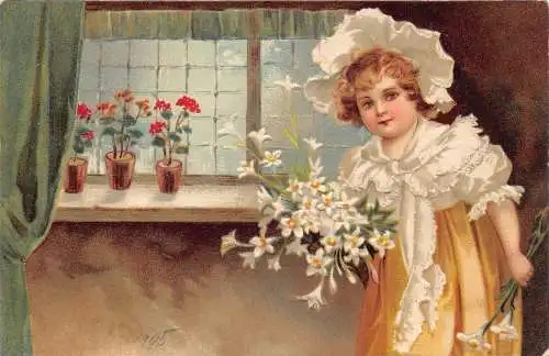 L224 Grüße 1905 Mädchen mit Blumen geprägt Vintage Postkarte