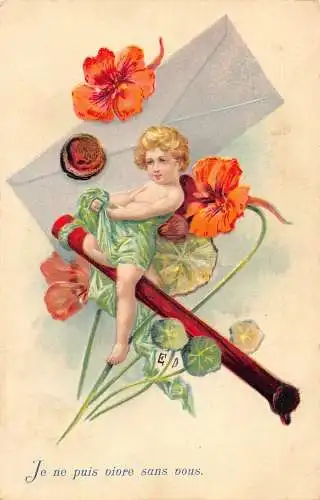 L224 Grüße 1904 Amor Mohnblumen Blumen Umschlag geprägt Vintage Postkarte
