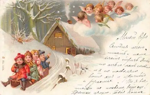 L224 Grüße 1900 Kinder Schlitten Engel Cherubs Vintage Postkarte