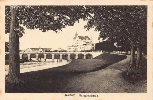 L206 Deutschland Rastatt Murgpromenade Brücke Bäume Vintage Postkarte