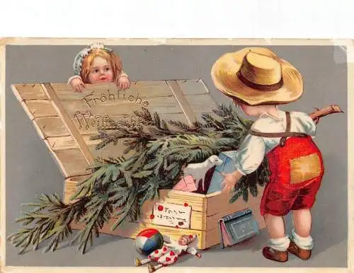 L363 Weihnachtsgrüße 1909 Kinder Spielzeug Weihnachtsbaum Vintage Postkarte