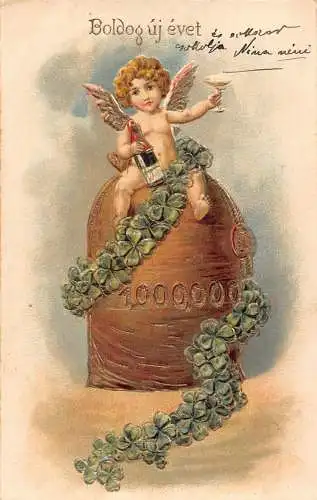 G008 Rumänien Cehu SilvNeujahr Cherub Champagner Kleeblatt Geldsack Glück Postkarte
