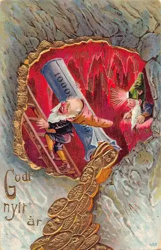 G008 Schweden Neujahr 1912 Zwerge Wichtel Bergbau Goldmünzen Glück geprägt Postkarte