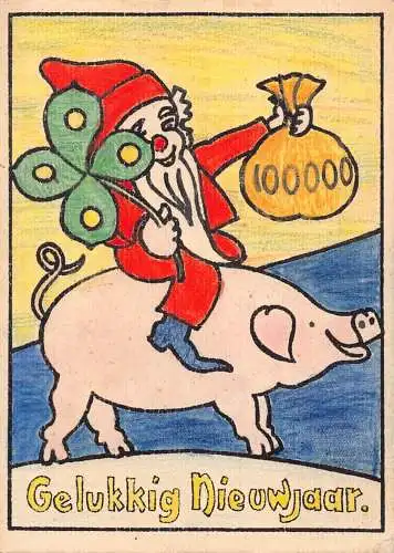 G008 Neujahrswichtel Zwerg reitet auf einem Schwein Kleeblatt Geldsack Glück Postkarte