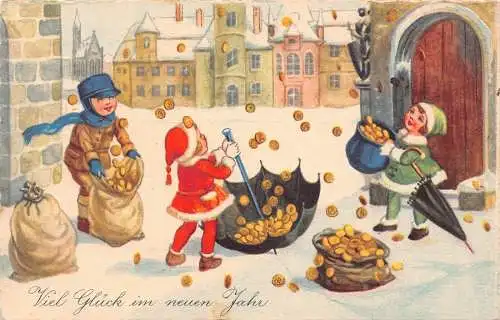 G008 Neujahr Kinder spielen Geld Regen Glück Vintage Postkarte