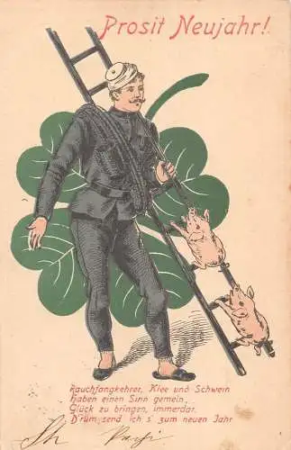 G008 Prosit Neujahr Neujahr 1906 Schornsteinfeger Schweine Kleeblatt Glück Postkarte