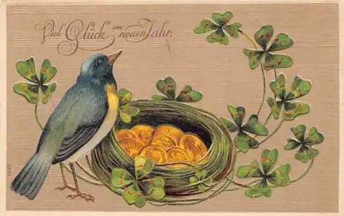 G008 Neujahr Vogel Kleeblatt Geld Glück Prägepostkarte