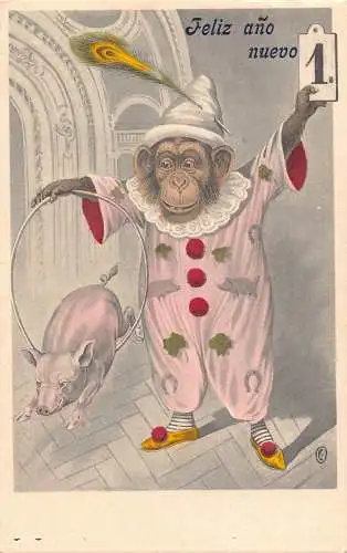 G008 Spanien Neujahrszirkus Humanisierte Affenschweine Kleeblatt Glück Postkarte