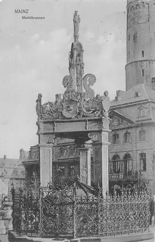 L216 Deutschland 1912 Mainzer Marktbrunnen Brunnen Vintage Postkarte