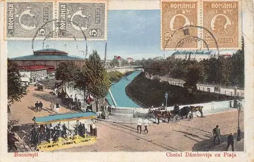 L092 Rumänien 1923 Bukarest Cheiul Dambovitei Markt Pferd gezogen Straßenbahn Postkarte