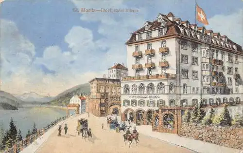 A098 Schweiz 1911 St Moritz Dorf Hotel Albana Kutschen Flagge Postkarte