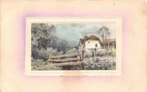 A096 Haus Holz Zaun Bäume Landschaft 1911 Passepartout Vintage Postkarte