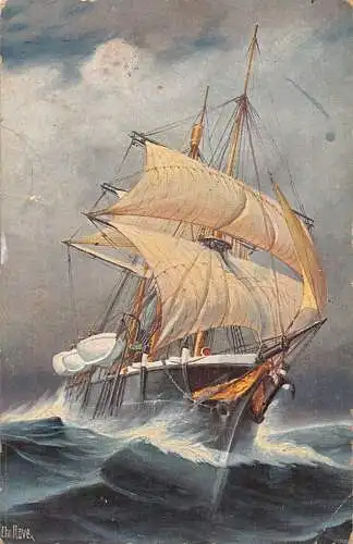 L369 Schiff Norwegisches Schnabelwalschiff im Sturm signiert Chr Rave Postkarte