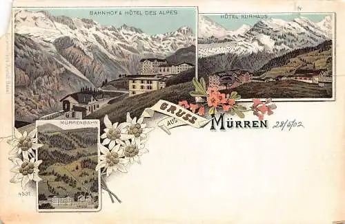 L368 Schweiz Grussaus Mürren Hotel Kurhaus Bahnhof Edelweiß Litho Postkarte