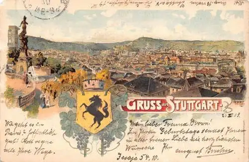 L368 Deutschland 1903Gruss aus Stuttgart Wappen Trauben Panorama Litho Postkarte