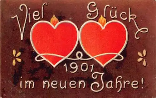 L370 Neujahrsgrüße 1901 2 Herzen Glück Vintage Postkarte