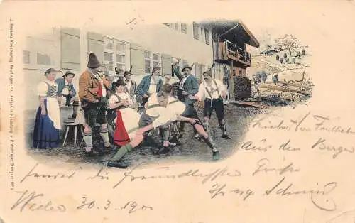 Deutschland 1900 Bayern in Tracht Zwei Männer im Kampf Vintage Postkarte