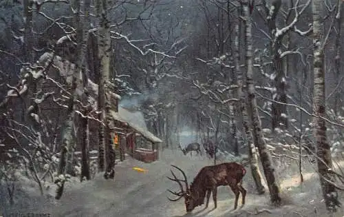 Winterlandschaft im Wald bei Nacht Cottage Rentier Vintage Postkarte