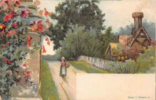 Dorfansicht 1905 Bäuerin pflegt Sonnenhütte Straße Blätter Vintage Postkarte