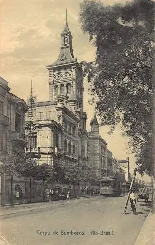 L038 Brasilien 1914 Feuerwehrleute Gebäude Rio Straßenbahnen Vintage Postkarte