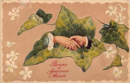 L370 Neujahrsgrüße 1910 Hände über Blätter Blumen Vintage Postkarte